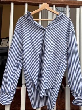 Zara Blue and White Diagonal Stripe Button-Down Shirt